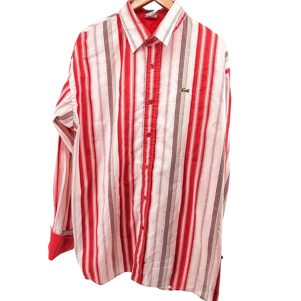 Lacoste Mens XXL Striped Button Down Shirt Red White French Cuffs Long Sleeve